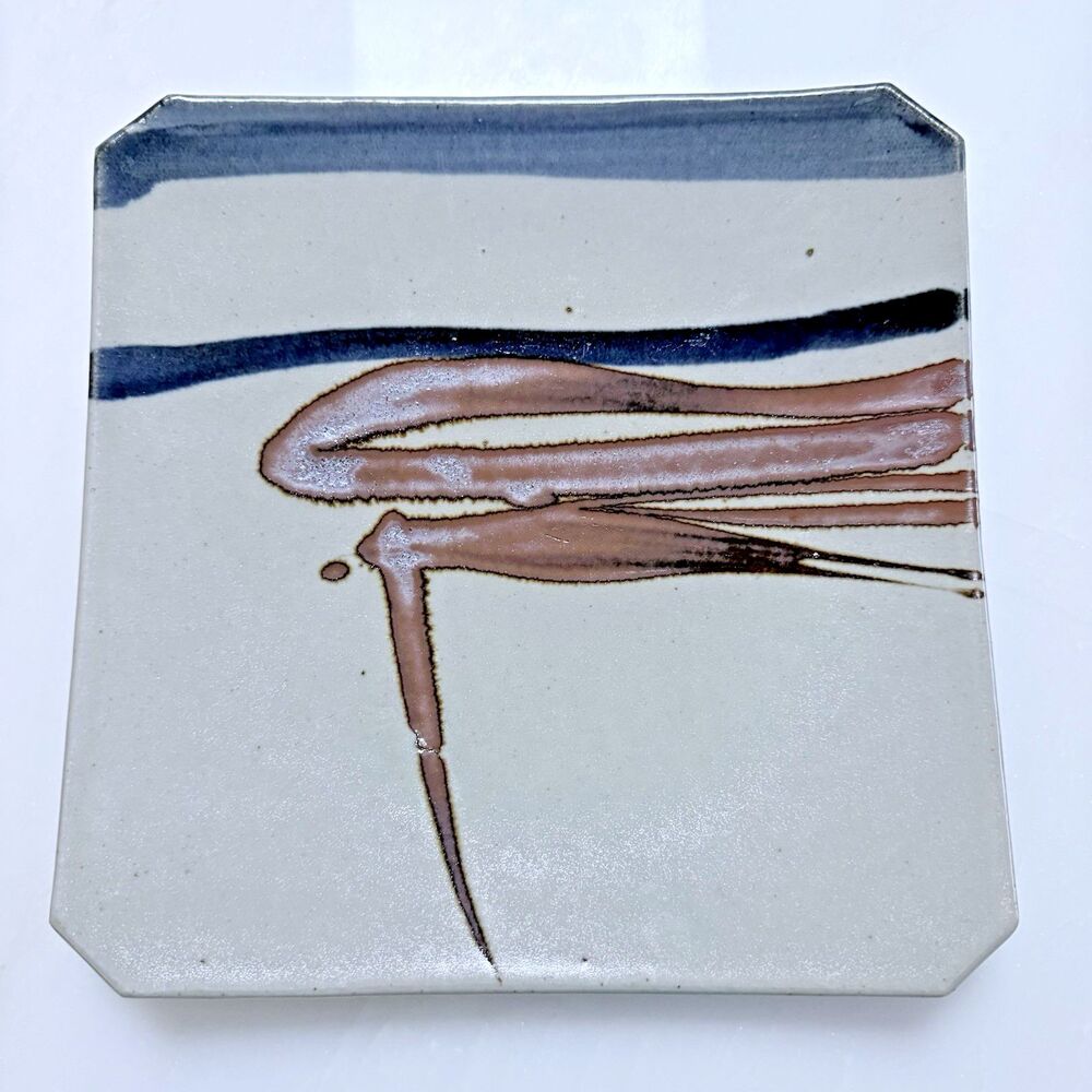Vintage Studio Pottery Square Platter Wheat Sheaf Mark 10" Stoneware Wabi Sabi